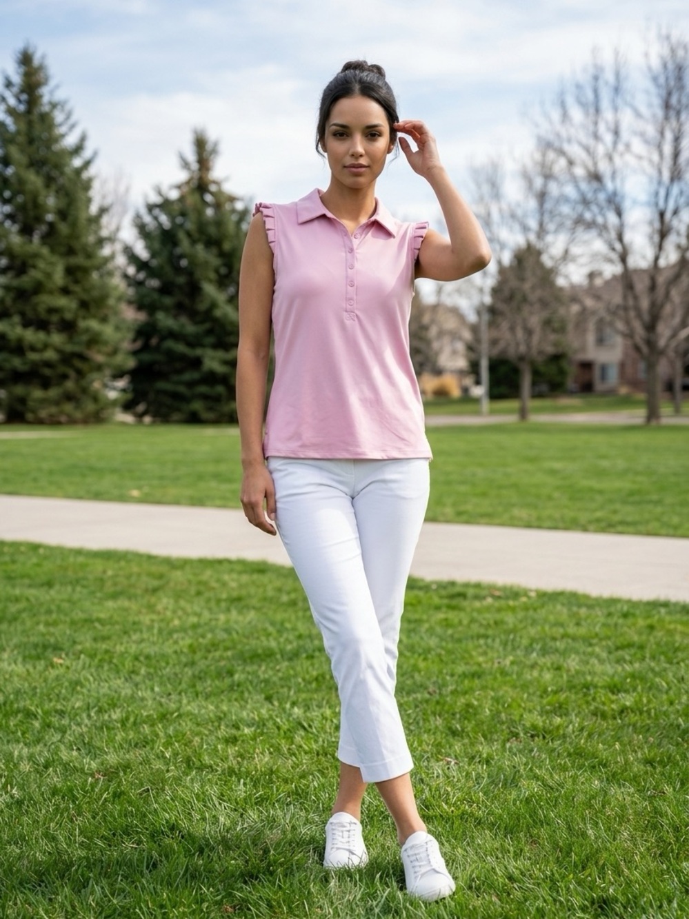 Sigrid Olsen Pale Pink Ruffle Sleeve Polo Tank